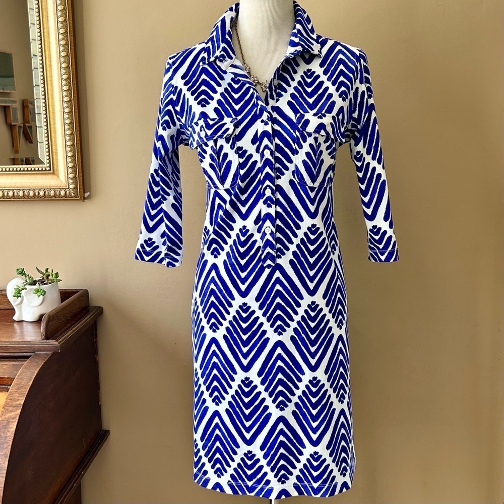Persifor Winpenny Arrowhead Print Shirt Dress 3/4 Sleeve Geometric Blue White M